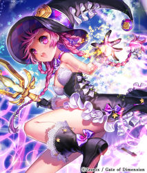 Rule 34 | boots, bow, braid, breasts, choker, dress, esphy, gate of dimension, gloves, hair bow, hat, official art, pink eyes, pink hair, smile, solo, staff, star (symbol), twin braids, witch hat