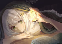 Rule 34 | 1girl, absurdres, book, chinese commentary, clover, clover hair ornament, dark, four-leaf clover, four-leaf clover hair ornament, green eyes, hair ornament, highres, indoors, original, reading, shuiy1003, solo, under covers, white hair