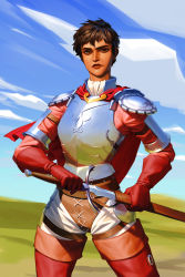 Rule 34 | 1girl, absurdres, armor, berserk, boots, brown eyes, brown hair, cape, casca (berserk), cloud, commentary, dark skin, dark-skinned female, english commentary, frown, gloves, highres, holding, holding sword, holding weapon, realistic, red cape, red gloves, shaded face, sheath, short hair, sky, solo, sword, theartgun, thigh boots, thighhighs, unsheathing, weapon