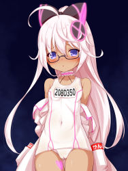 Rule 34 | 1girl, :o, ahoge, black-framed eyewear, black bow, blush, bow, breasts, cameltoe, character request, choker, collarbone, commentary request, covered navel, frilled choker, frills, glasses, gluteal fold, hair between eyes, hair bow, hair ornament, high ponytail, highres, jacket, long hair, looking at viewer, nose blush, off shoulder, old school swimsuit, one-piece swimsuit, parted lips, pink choker, ponytail, purple eyes, school swimsuit, semi-rimless eyewear, small breasts, solo, sora no kanata no dystopia, swimsuit, tan, under-rim eyewear, very long hair, white hair, white jacket, white one-piece swimsuit, white school swimsuit, yuku (kiollion)