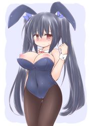 Rule 34 | 10s, 1girl, alternate costume, animal ears, bare shoulders, black hair, blush, breasts, breasts out, covered navel, fake animal ears, large breasts, leotard, long hair, looking at viewer, looking to the side, neptune (series), nipples, noire (neptunia), pantyhose, playboy bunny, puffy nipples, rabbit ears, red eyes, sekiri, solo, standing, twintails