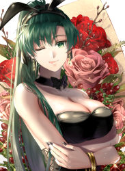 Rule 34 | 1girl, animal ears, arms under breasts, black nails, breasts, choker, cleavage, closed mouth, collarbone, commentary, crossed arms, delsaber, earrings, fake animal ears, female focus, fire emblem, fire emblem: the blazing blade, floral background, flower, gold bracelet, gold earrings, green eyes, green hair, hairband, jewelry, large breasts, leotard, lips, long hair, lyn (fire emblem), matching hair/eyes, nail polish, nintendo, one eye closed, pink flower, pink rose, playboy bunny, ponytail, rabbit ears, red flower, red rose, ribbon choker, rose, rose background, solo, symbol-only commentary, upper body, wink