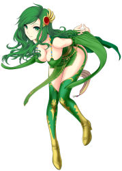 Rule 34 | 1990s (style), 1girl, arms behind back, beads, bent over, blush, boots, breasts, bridal gauntlets, cleavage, detached sleeves, final fantasy, final fantasy iv, green eyes, green hair, green theme, green thighhighs, hair ornament, hanging breasts, highres, large breasts, legs, leotard, long hair, long legs, matching hair/eyes, aged up, purple eyes, retro artstyle, rydia (ff4), sideboob, solo, st.germain-sal, thighhighs, thighs, yellow footwear