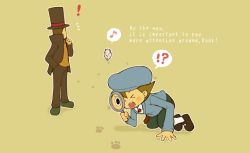 Rule 34 | !, !?, 00s, 2boys, all fours, cat, child, coat, english text, engrish text, footprints, hat, hershel layton, level-5, looking away, luke triton, magnifying glass, male focus, multiple boys, musical note, one eye closed, professor layton, ranguage, simple background, spoken interrobang, spoken musical note, top hat