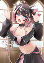 Rule 34 | 1girl, absurdres, ahoge, belt, belt collar, black belt, black hair, black jacket, black skirt, bloomers, blue eyes, blush, bra, collar, commentary request, cowboy shot, cropped jacket, demon girl, demon horns, demon tail, fangs, flat chest, flower, grey horns, hair flower, hair ornament, hair ribbon, highres, higimixy, horns, jacket, long hair, long sleeves, looking at viewer, midriff, multicolored hair, nanashi inc., navel, off shoulder, oinomori may, oinomori may (1st costume), one side up, open clothes, open jacket, open mouth, pink bloomers, pink bra, pink hair, pink ribbon, pointy ears, ribbon, skirt, smile, solo, sugar lyric, tail, two-tone hair, underwear, virtual youtuber, window, ||/