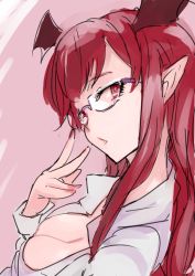 Rule 34 | 1girl, bespectacled, breasts, cleavage, from above, glasses, hand up, head wings, koakuma, large breasts, long hair, looking at viewer, nail polish, pink background, pointy ears, red eyes, red hair, red nails, semi-rimless eyewear, shirt, sidelocks, simple background, sinzan, solo, touhou, wings