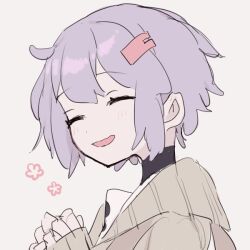 Rule 34 | 1girl, a.i. voice, ahoge, black undershirt, brown cardigan, cardigan, closed eyes, commentary request, facing to the side, facing viewer, flower (symbol), from side, hands up, high collar, light purple hair, open mouth, own hands together, portrait, sailor collar, short hair, sikuku, simple background, sleeves past wrists, smile, solo, voiceroid, white background, white sailor collar, yuzuki yukari, yuzuki yukari (shizuku)