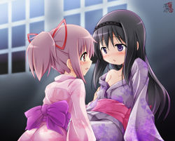 Rule 34 | 10s, 2girls, akemi homura, black hair, blush, collarbone, commentary request, couple, eye contact, hairband, japanese clothes, kaname madoka, kemoyuri, kimono, lilyl0ve, long hair, looking at another, mahou shoujo madoka magica, mahou shoujo madoka magica (anime), multiple girls, off shoulder, pink eyes, pink hair, purple eyes, twintails, yuri
