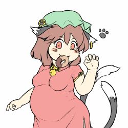 Rule 34 | 1girl, :3, animal ears, bell, blush stickers, breasts, brown hair, cat ears, cat tail, chen, earrings, fang, fat, flat color, food, hat, jewelry, looking at viewer, medium breasts, mob cap, mouth hold, multiple tails, nekomata, paw pose, single earring, slnchyt, solo, tail, touhou