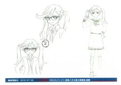 Rule 34 | 1girl, 2016, absurdres, ahoge, character sheet, dated, digimon, digimon universe: appli monsters, female focus, highres, karan eri, monochrome, multiple views, necktie, official art, scan, school uniform, smile, standing, thighhighs, translation request, twintails