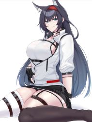 Rule 34 | 1girl, :q, absurdres, animal ears, arknights, asymmetrical legwear, black gloves, black hair, black skirt, black thighhighs, blaze (arknights), blue eyes, blush, breasts, closed mouth, commentary, english commentary, gloves, hairband, highres, jacket, kanta (kanta 077), large breasts, long sleeves, looking at viewer, partially unzipped, red hairband, simple background, sitting, skirt, smile, solo, thigh strap, thighhighs, thighs, tongue, tongue out, wariza, white background, white jacket, white thighhighs