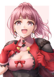 Rule 34 | 1girl, :d, armor, bow, breasts, cleavage, earrings, female focus, fire emblem, fire emblem: three houses, fire emblem warriors, fire emblem warriors: three hopes, gloves, hand on own chest, hilda valentine goneril, hoop earrings, jewelry, large breasts, long hair, looking at viewer, matching hair/eyes, nintendo, official alternate costume, open mouth, pink eyes, pink hair, ponytail, red bow, red gloves, shoulder armor, simple background, smile, solo, ten (tenchan man), upper body