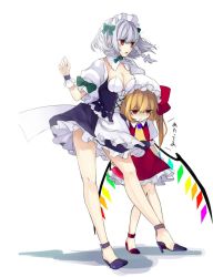Rule 34 | 2girls, adapted costume, alternate costume, apron, ascot, bad id, bad twitter id, blonde hair, bow, braid, breasts, cleavage, crystal, daimaou ruaeru, detached collar, flandre scarlet, full body, hair bow, hair ornament, hat, hat bow, high heels, highres, izayoi sakuya, jewelry, maid headdress, mob cap, multiple girls, open mouth, ponytail, puffy sleeves, red eyes, ribbon, shirt, short hair, short sleeves, side ponytail, silver hair, simple background, skirt, skirt set, text focus, touhou, twin braids, vest, waist apron, white background, wings, wrist cuffs