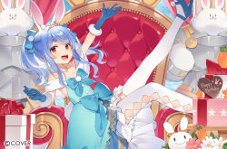 Rule 34 | 1girl, :d, animal ear fluff, animal ears, blue dress, blue footwear, blue gloves, blue hair, blush, commentary request, copyright name, dress, flower, gift, gloves, happy birthday, heart, highres, hololive, jewelry, long hair, looking at viewer, multicolored hair, necklace, pekomon (usada pekora), open mouth, rabbit ears, red eyes, short eyebrows, smile, solo, streaked hair, thick eyebrows, thighhighs, throne, two side up, usada pekora, virtual youtuber, white flower, white hair, white thighhighs, yuuki hagure