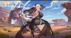 Rule 34 | 1girl, artist request, ass, axe, battle axe, blue sky, breasts, elbow gloves, female focus, gloves, high heels, holding, holding axe, holding weapon, horns, huge ass, huge breasts, idle huntress, long hair, sky, solo, source request, thighhighs, weapon, white hair