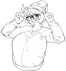 Rule 34 | 1girl, :d, beanie, blush, breasts, commentary, double v, english commentary, glasses, greyscale, hat, large breasts, lineart, monochrome, open mouth, original, short hair, sleeves past wrists, smile, snowcie, snowciel, solo, sweater, upper body, v