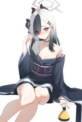 Rule 34 | 1girl, absurdres, bare legs, black dress, black hair, blue archive, breasts, choker, dreamsky 828, dress, grey halo, halo, highres, horns, japanese clothes, kayoko (blue archive), kayoko (new year) (blue archive), kimono, looking at viewer, medium breasts, multicolored hair, red eyes, simple background, sitting, two-tone hair, white background, white hair