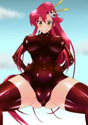 Rule 34 | 00s, 1girl, absurdres, ass, blush, bodysuit, breasts, cameltoe, clenched teeth, cloud, covered erect nipples, embarrassed, female focus, groin, hair ornament, hair stick, hands on own hips, highres, large breasts, latex, latex suit, legs, long hair, looking at viewer, navel, outdoors, ponytail, red hair, shiny clothes, shiny skin, skin tight, skull hair ornament, sky, solo, standing, tears, teeth, tengen toppa gurren lagann, thighhighs, thighs, yellow eyes, yoko littner