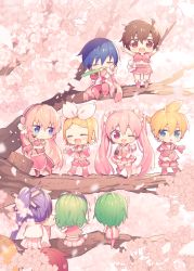Rule 34 | 3boys, 6+girls, arms up, belt, blonde hair, blouse, blue hair, blurry, blurry background, bow, branch, brown eyes, cherry blossoms, closed eyes, coat, collar, commentary, crop top, cul, drumsticks, falling petals, flower, flute, from behind, goggles, goggles on head, green hair, gumi, hair bow, hair flower, hair ornament, hair stick, hairclip, hand on own chest, hatsune miku, headset, holding, holding stick, instrument, japanese clothes, kagamine len, kagamine rin, kaito (vocaloid), kamui gakupo, leg warmers, lily (vocaloid), long hair, looking at viewer, mallet (instrument), megurine luka, meiko, meiko (vocaloid), miniskirt, multiple boys, multiple girls, music, neckerchief, necktie, one eye closed, open mouth, pants, petals, pink bow, pink collar, pink flower, pink footwear, pink hair, pink legwear, pink neckwear, pink pants, pink scarf, pink shirt, pink shorts, pink skirt, pink sleeves, pink theme, playing instrument, ponytail, purple hair, red hair, robe, ryuuto (vocaloid), sailor collar, sakura gumi, sakura kaito, sakura len, sakura luka, sakura meiko, sakura rin, scarf, shirt, short hair, short ponytail, shorts, sinaooo, sitting on branch, skirt, smile, spiked hair, standing on branch, stick, swept bangs, symbol-only commentary, tail, thighhighs, twintails, very long hair, vocaloid, white coat, white robe