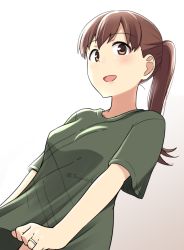 Rule 34 | 1girl, :d, alternate costume, alternate hairstyle, brown eyes, brown hair, from below, ikari manatsu, jewelry, kantai collection, long hair, looking at viewer, ooi (kancolle), open mouth, ponytail, ring, simple background, smile, solo, wedding band