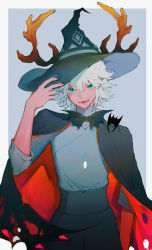 Rule 34 | 1boy, absurdres, antlers, arms up, bat (animal), black cape, black nails, cape, deer antlers, enruyns, green eyes, hat, highres, holding, holding clothes, holding hat, horns, nail polish, open mouth, shadow, short hair, sky: children of the light, smile, solo, white hair, witch hat