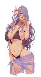 Rule 34 | 1girl, bikini, breasts, camilla (fire emblem), camilla (summer) (fire emblem), fire emblem, fire emblem fates, fire emblem heroes, flower, hair flower, hair ornament, hair over one eye, highres, large breasts, long hair, nail polish, nintendo, purple eyes, purple hair, simple background, smile, solo, swimsuit, thighs