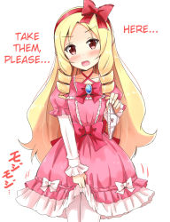 Rule 34 | 10s, 1girl, aikawa ryou, blonde hair, blush, bow, bow panties, bowtie, brooch, brown eyes, collarbone, commentary, cowboy shot, dress, drill hair, eromanga sensei, fidgeting, graphite (medium), hair bow, hairband, hard-translated, head tilt, highres, holding, holding clothes, holding panties, holding underwear, jewelry, lolita fashion, long hair, looking at viewer, open mouth, panties, unworn panties, pink dress, pointy ears, red bow, simple background, skirt hold, solo, third-party edit, traditional media, translated, underwear, very long hair, white background, white legwear, yamada elf