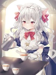Rule 34 | 1girl, :o, animal ears, arch, back bow, backlighting, bell, blue bow, blue dress, blush, bow, bowtie, cat ears, cup, dress, feet out of frame, gloves, grey hair, hair between eyes, hair bow, highres, holding, holding cup, holding teapot, jingle bell, light particles, long hair, maid, maid headdress, mug, open mouth, original, overexposure, pouring, red bow, red bowtie, red eyes, sorani (kaeru0768), standing, steam, table, tea, teacup, teapot, white gloves, white headwear