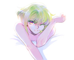Rule 34 | 1boy, bae (baebae), colored eyelashes, duplicate, green hair, lio fotia, looking at viewer, male focus, one eye closed, pixel-perfect duplicate, promare, purple eyes, short hair, solo, topless male