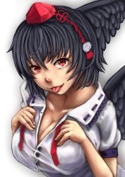 Rule 34 | 1girl, :p, bird wings, black hair, black wings, breasts, buttons, cleavage, collar, collarbone, collared shirt, eyelashes, feathered wings, female focus, frilled collar, frilled shirt collar, frills, hands on own chest, hat, highres, large breasts, looking at viewer, miki nezumi, nose, open clothes, open shirt, red eyes, ribbon-trimmed collar, ribbon trim, shameimaru aya, shirt, short hair, short sleeves, solo, teasing, tokin hat, tongue, tongue out, touhou, white shirt, wings