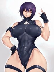 Rule 34 | 1girl, bare shoulders, black thighhighs, blush, breasts, covered navel, fingerless gloves, fumio (rsqkr), ghost in the shell, ghost in the shell: sac 2045, gloves, gradient background, grey background, hand on own hip, highres, kusanagi motoko, large breasts, lips, muscular, muscular female, red eyes, solo, thick thighs, thighhighs, thighs, toned, white background