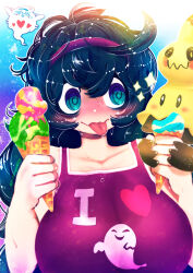 Rule 34 | 1girl, @ @, ahoge, black hair, blue background, blue eyes, blush, breasts, collarbone, creatures (company), curly hair, facing viewer, food, game freak, gen 7 pokemon, ghost print, gradient background, grin, hair between eyes, hairband, hakkasame, hands up, headband, heart, heart print, hex maniac (pokemon), holding, holding food, holding ice cream, holding ice cream cone, ice cream, ice cream cone, large breasts, long hair, looking to the side, mimikyu, multicolored background, multicolored eyes, nintendo, pokemon, pokemon (creature), pokemon tower ghost, pokemon xy, purple background, purple eyes, purple hairband, purple headband, purple shirt, purple tank top, ringed eyes, shirt, simple background, sleeveless, smile, sparkle, speech bubble, spoken heart, sunlight, sweat, tagme, tank top, tongue, tongue out, upper body, wavy mouth, white shirt, white tank top, white trim, wide-eyed