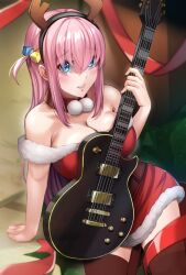 Rule 34 | 1girl, antlers, arm support, bare shoulders, black hairband, blue eyes, bocchi the rock!, breasts, brown collar, brown thighhighs, christmas, cleavage, collar, collarbone, dress, electric guitar, fake antlers, fino ko, gibson les paul, gotoh hitori, guitar, hair ornament, hairband, highres, holding, holding instrument, horns, instrument, large breasts, leaning to the side, parted lips, pink hair, pom pom (clothes), raised eyebrows, red dress, reindeer antlers, santa dress, side ahoge, sitting, solo, thighhighs, thighs, zettai ryouiki
