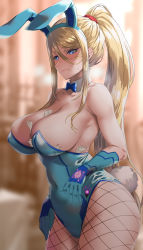 Rule 34 | 1girl, absurdres, adapted costume, animal ears, bare shoulders, between breasts, blonde hair, blue eyes, blue gloves, blue leotard, blurry, blurry background, breasts, cleavage, closed mouth, collar, collarbone, commentary request, covered navel, detached collar, embarrassed, fake animal ears, fishnet pantyhose, fishnets, gloves, hair ornament, highleg, highleg leotard, highres, large breasts, leotard, lips, metroid, mole, mole under mouth, morimoto kiyona, nintendo, pantyhose, playboy bunny, ponytail, rabbit ears, rabbit tail, samus aran, sidelocks, simple background, solo, strapless, strapless leotard, sweat, sweatdrop, tail, thighs