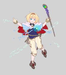 Rule 34 | 1girl, :d, blonde hair, blue eyes, blue shirt, bracelet, brown footwear, cape, commentary request, enkyo yuuichirou, full body, grey background, grey pants, hairband, highres, holding, jewelry, looking at viewer, multicolored cape, multicolored clothes, necklace, open mouth, original, outstretched arms, pants, pink cape, red cape, shirt, short hair, simple background, smile, solo, sparkle, spread arms, staff