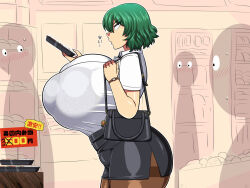 Rule 34 | 1girl, 3boys, amazon (taitaitaira), ass, breasts, covered erect nipples, green hair, huge breasts, japanese text, kazami yuuka, mature female, multiple boys, pantyhose, red eyes, short hair, text focus, touhou, translation request