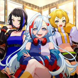 Rule 34 | 3girls, bare shoulders, black hair, black jacket, black shorts, blonde hair, blue dress, blue eyes, blue hair, blue shirt, commentary request, cropped jacket, crossed legs, denonbu, dress, fangs, green eyes, hair between eyes, hair ornament, hairclip, headphones, headphones around neck, highres, houou karin, jacket, long hair between eyes, long sleeves, looking at viewer, multicolored hair, multiple girls, official art, puffy long sleeves, puffy sleeves, purple hair, seto mitsuki (denonbu), shirt, short shorts, shorts, sitting, sleeveless, sleeveless dress, sleeveless shirt, sleeves past fingers, sleeves past wrists, streaked hair, taiga lucia, v-shaped eyebrows, white jacket, white shirt, yuu (higashi no penguin)