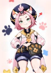 Rule 34 | 1girl, absurdres, animal ear fluff, animal ears, bangs pinned back, belt, belt pouch, black shorts, calico, cat ears, cat girl, cat tail, choker, commentary request, detached sleeves, diona (genshin impact), forehead, genshin impact, green eyes, hair ribbon, hands on own hips, hat, highres, karen (drziegler a), long sleeves, looking at viewer, paw pose, paw print, pendant choker, pink hair, pouch, puffy detached sleeves, puffy shorts, puffy sleeves, ribbon, short hair, short shorts, shorts, sidelocks, simple background, solo, tail, thick eyebrows, white background, white choker