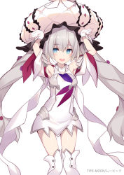 Rule 34 | 1girl, :d, blue eyes, boots, dress, fate/grand order, fate (series), gloves, grey hair, hair between eyes, hat, long hair, looking at viewer, marie antoinette (fate), marie antoinette (third ascension) (fate), minamura haruki, open mouth, over-kneehighs, short dress, simple background, smile, solo, teeth, thigh boots, thighhighs, twintails, very long hair, watermark, white background, white dress, white footwear, white gloves, white hat, white thighhighs
