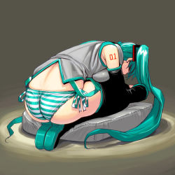 Rule 34 | 1girl, aqua hair, ass, bad id, bad pixiv id, detached sleeves, full body, hatsune miku, kouno (masao), long hair, panties, side-tie panties, sitting, solo, striped clothes, striped panties, tattoo, thighhighs, twintails, underwear, very long hair, vocaloid