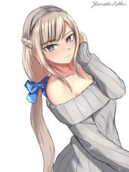 Rule 34 | 1girl, artist name, bare shoulders, blue bow, blush, bow, braid, breasts, cleavage, closed mouth, collarbone, commentary request, cowboy shot, french braid, grey eyes, grey hair, grey headband, grey sweater, hand to head, headband, kantai collection, long hair, long sleeves, maryland (kancolle), medium breasts, off-shoulder sweater, off shoulder, one-hour drawing challenge, rekka yamato, simple background, solo, sweater, white background