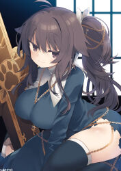 Rule 34 | 1girl, :3, black thighhighs, blue dress, breasts, brown eyes, brown hair, chain, closed mouth, commission, copyright request, cross, dress, hair between eyes, hair flaps, hair ribbon, highres, large breasts, leaning forward, long hair, long sleeves, looking at viewer, ribbon, side ponytail, skeb commission, sleeves past wrists, solo, thighhighs, torn clothes, torn dress, very long hair, white ribbon, window, yuzuki gao