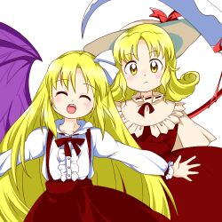 Rule 34 | 2girls, bat wings, blonde hair, center frills, closed mouth, curly hair, dress, elly (touhou), fang, frills, frown, hair ribbon, hat, kurumi (touhou), long hair, long sleeves, looking at viewer, medium hair, multiple girls, nonamejd, official style, outstretched arms, purple wings, red dress, red ribbon, red skirt, ribbon, scythe, shirt, simple background, skirt, spread arms, suspender skirt, suspenders, teeth, touhou, touhou (pc-98), upper teeth only, very long hair, white background, white ribbon, white shirt, wings, yellow eyes, zun (style)