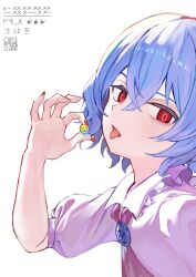 Rule 34 | 1girl, absurdres, ascot, ayo rimaisu, blue hair, collared shirt, crossed bangs, crying emoji, emoji, gem, highres, holding, looking at viewer, pink shirt, red eyes, red nails, remilia scarlet, shirt, short hair, simple background, solo, tongue, tongue out, touhou, upper body, white background