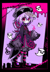 Rule 34 | 1girl, absurdres, alternate costume, black background, black dress, black footwear, black pantyhose, border, commentary request, dress, frown, full body, genshin impact, ghost, hat, hatosabure, highres, long hair, looking at viewer, ofuda, pantyhose, pom pom (clothes), purple background, purple hair, qingdai guanmao, qiqi (genshin impact), red background, red eyes, red pantyhose, sleeves past fingers, sleeves past wrists, solo, striped clothes, striped pantyhose