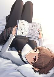 Rule 34 | 1girl, bed sheet, black pantyhose, blunt bangs, blurry, book, braid, breasts, brown eyes, brown hair, chainsaw man, closed mouth, commentary, crown braid, denji (chainsaw man), depth of field, english commentary, eyelashes, foreshortening, full body, grey skirt, head on pillow, head tilt, highres, holding, holding book, knees up, kuki tan, long sleeves, looking at viewer, lying, manga (object), medium breasts, miniskirt, nail polish, niijima makoto, on back, open book, pantyhose, parody, persona, persona 5, plaid, plaid skirt, pleated skirt, pochita (chainsaw man), red nails, school uniform, shirt, short hair, simple background, skirt, smile, solo, suspenders, white background, white shirt