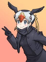 Rule 34 | 10s, 1girl, absurdres, black hair, blonde hair, blush, feathered wings, gloves, grey eyes, hair ornament, head wings, highres, kemono friends, mugi no hito, multicolored hair, red hair, scarf, solo, tufted puffin (kemono friends), twintails, v, white hair, wings