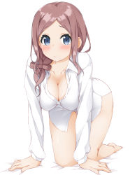 Rule 34 | all fours, blue eyes, blush, breasts, brown hair, cleavage, closed mouth, collarbone, hinata masaki, large breasts, long hair, looking at viewer, naked shirt, one room, orisaki saya, parted bangs, partially unbuttoned, shirt, simple background, white background, white shirt