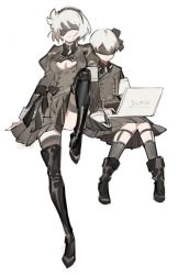 Rule 34 | 1boy, 1girl, black dress, black footwear, black hairband, blindfold, boots, commentary request, computer, covered eyes, dress, hairband, juliet sleeves, laptop, long sleeves, mole, mole under mouth, nier (series), nier:automata, puffy sleeves, short hair, silver hair, starshadowmagician, 2b (nier:automata), 9s (nier:automata)