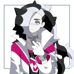 Rule 34 | 1boy, aru (user yjjc5453), black hair, choker, closed mouth, commentary request, creatures (company), cropped jacket, eyeshadow, game freak, gloves, green eyes, gym leader, hair over one eye, highres, jacket, long hair, long sleeves, looking to the side, makeup, male focus, multicolored hair, nintendo, piers (pokemon), pokemon, pokemon swsh, solo, two-tone hair, upper body, white hair, white jacket